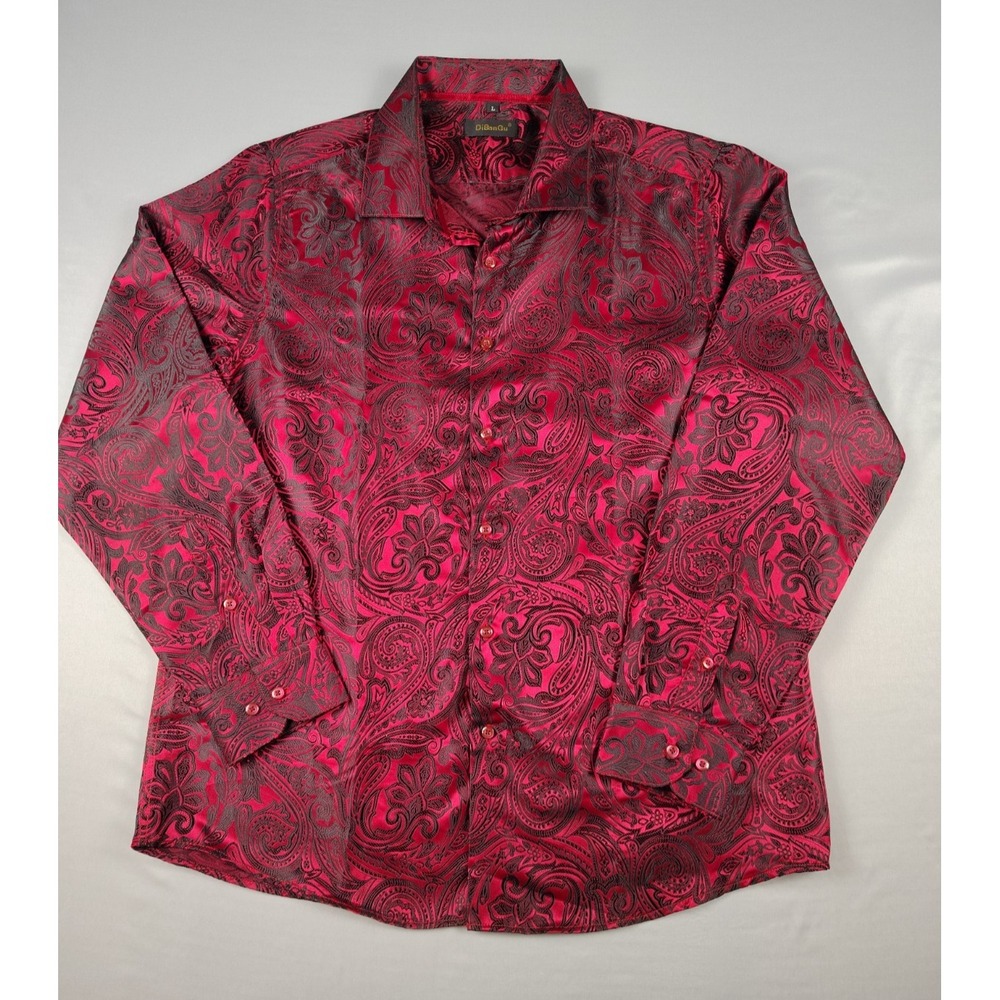 DiBanGu Mens L Silk Blend Shirt Red Black Paisley Jacquard Button Down Dress